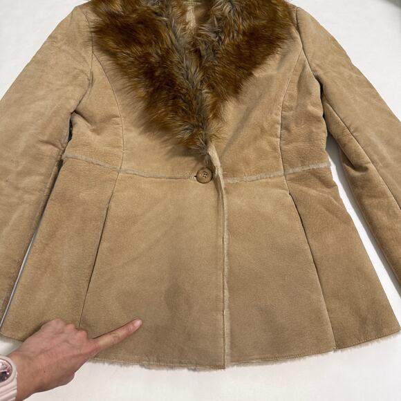 VTG Guess Womens Leather Coat Jacket Faux Fur Collar M Tan Y2K Indie Grunge 70s - Picture 16 of 16
